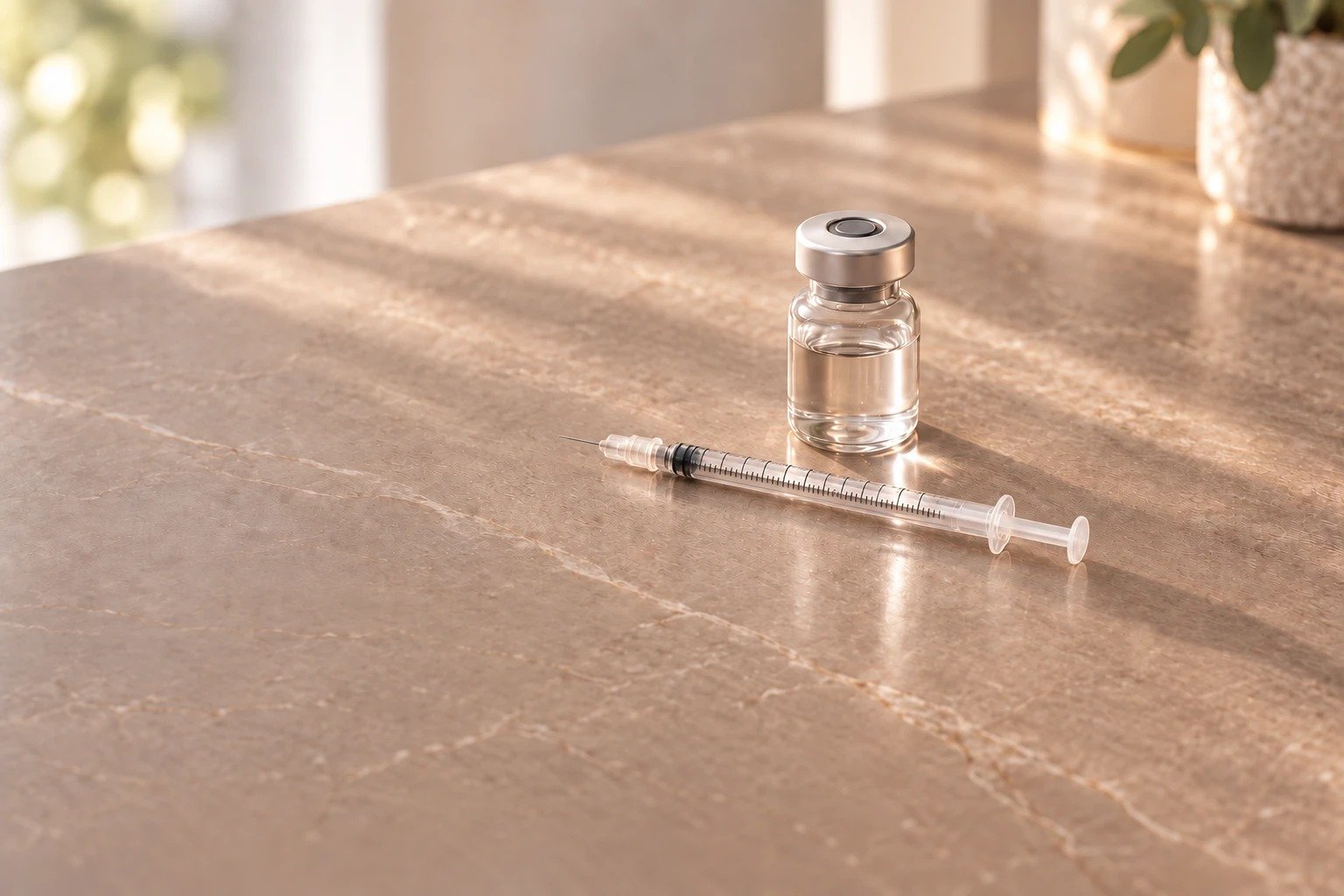 Vial and syringe on marble